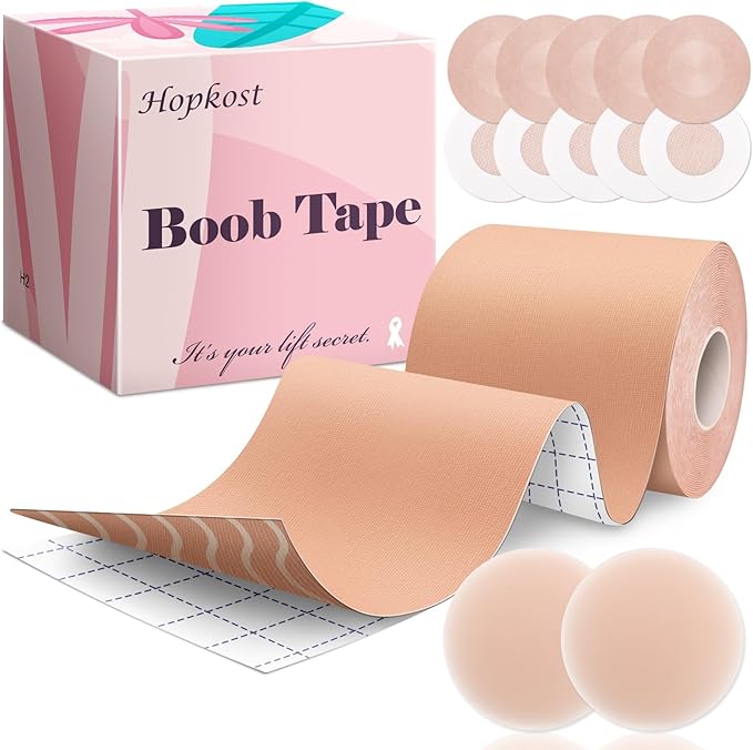 Boob Tape Breast Lift Tape for Large Breasts with 2 Pcs Nipple Covers Invisible Boobtape for A-G Cup(Beige,4 in)