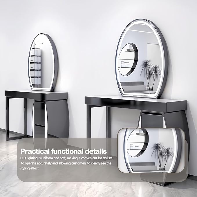 Salon Station for Hair Stylist with Curved Cabinet & Glowing Accents, Barber Station includes Oval LED Mirror, Large Capacity Storage