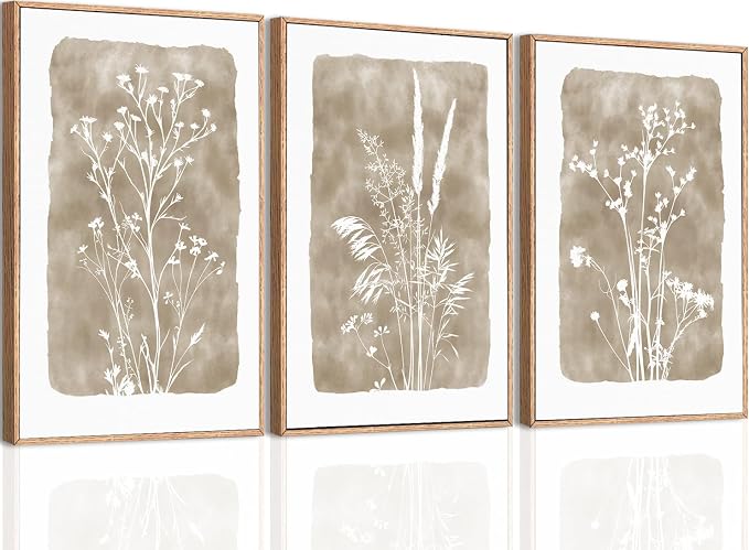 ANHUIB Beige Floral Canvas Wall Art Neutral Botanical Wall Decor 12x16 Inch Set of 3 for Living Room Bedroom Bathroom