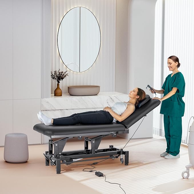 VEVOR Professional Electric Lift Massage Table, 0-45° Adjustable Backrest Medical Table Beauty Bed, Height Adjustable Tattoo Spa Table on Wheels, Electric Massage Table with Headrest, 550LBS