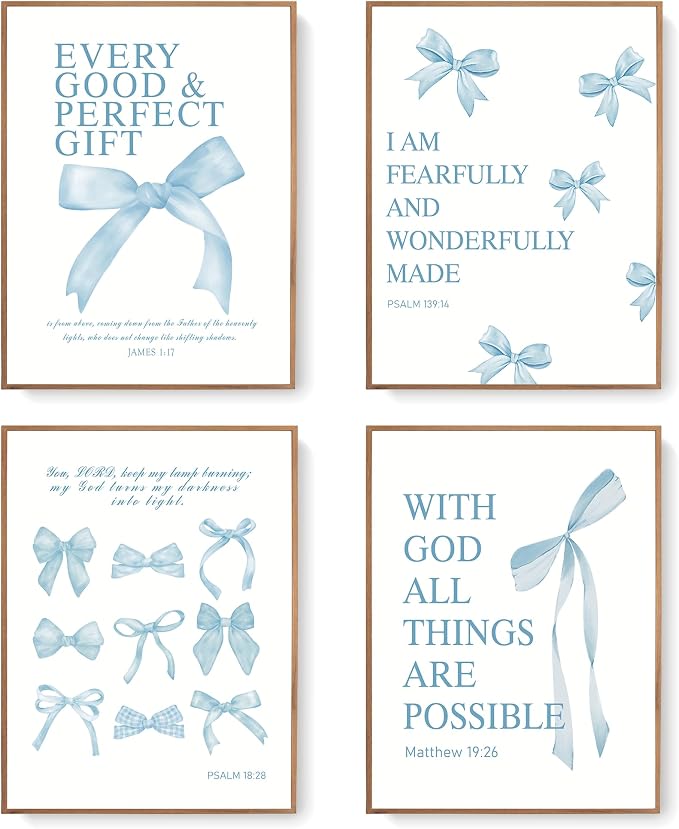 LARTSFRO Coquette Blue Bow Wall Art Decor Posters, Baby Blue Bow Room Bedroom Bathroom Dorm Wall Art Decor Aesthetic for College Teen Girls Gifts, Inspirational Bible Verses Bow Wall Decor, 12x16 Inch Set of 4 Pcs Bow Pictures (UNFRAMED)