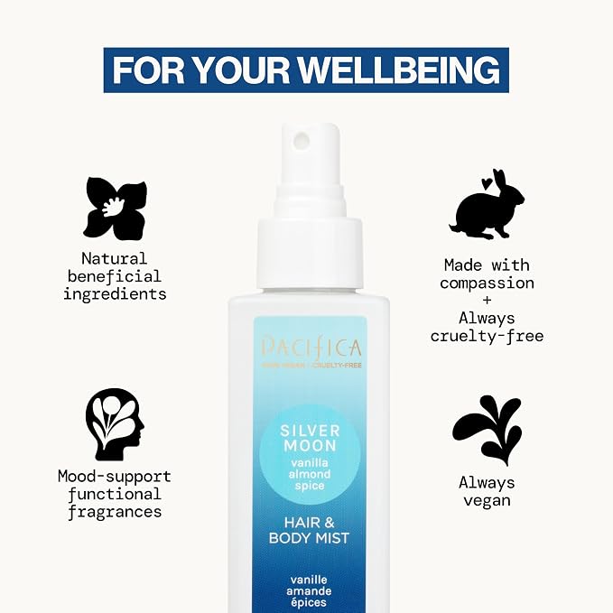 Pacifica Hair Perfume & Body Fragrance Spray Mist - Silver Moon with Vanilla, Almond & Spice – Alcohol-Free, Vegan & Cruelty-Free, 6.5 oz