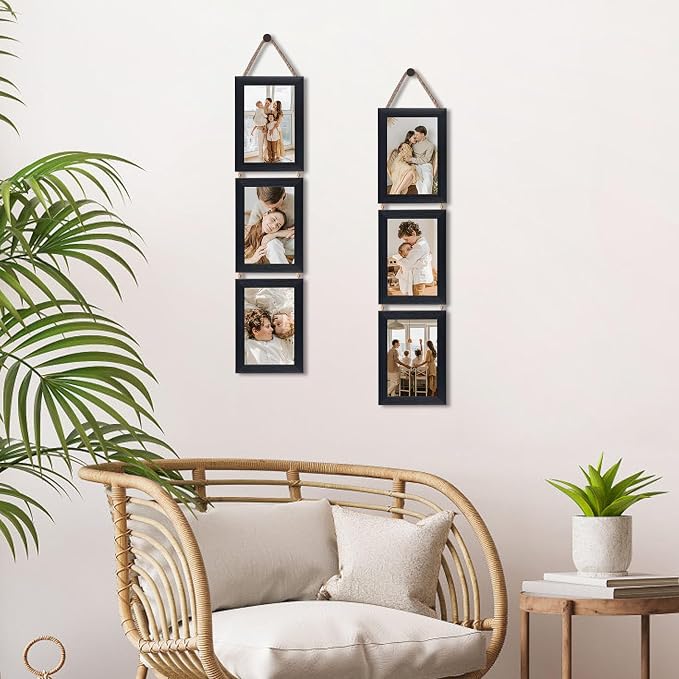 QUTREY 4x6 Collage Picture Frames Black, 6 Openings Vertical Hanging Photo Frame Set Display 4 by 6 inch Pictures for Wall Decor, 2 Pack