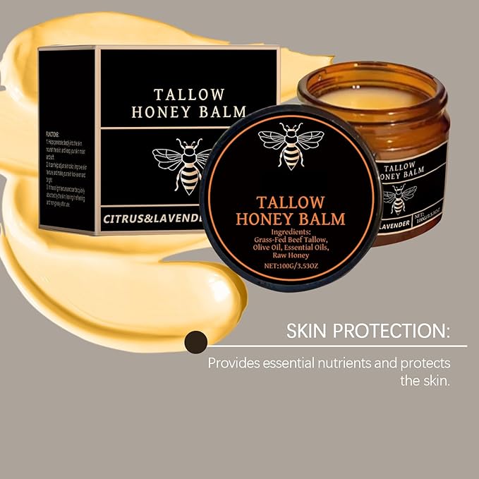 Organic Grass-Fed Beef Tallow Balm, Moisturizing Skin Care for Face & Body, Natural Tallow with Raw Honey for Dry Skin, 3.53 OZ (2 PCS)
