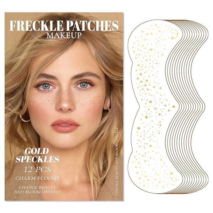 GOLD Glitter Freckles Makeup Patches, 12PCS Speckles Face Tattoos Sticker Set, Temporary Face Sparkle Sticker Makeup Accessories for Women Girl, Lasting & Waterproof
