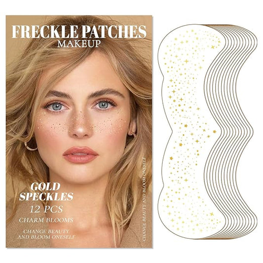 GOLD Glitter Freckles Makeup Patches, 12PCS Speckles Face Tattoos Sticker Set, Temporary Face Sparkle Sticker Makeup Accessories for Women Girl, Lasting & Waterproof