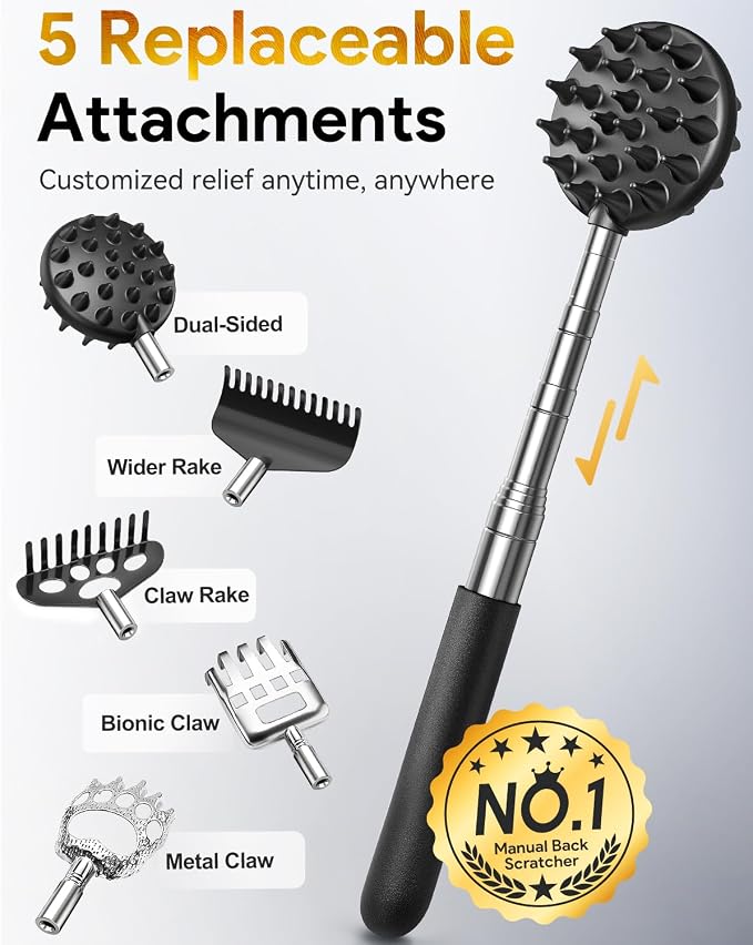 TUKUOS Telescoping Back Scratcher with 5Pcs Detachable Heads, Valentines Day Gifts for Him Men, Larger Scratching Tips, Anniversary Birthday Gifts for Men Women Back Scratcher for Men/Dad/Women/Adults