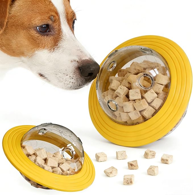 Dog Treat Dispenser Toy Planet Shaped Interactive Dog Toys Slow Feeder Treat Puzzle Dog Toy for Dogs Bite Resistant PC Roller for Training and Indoor Outdoor Play 6.5 in (Yellow)