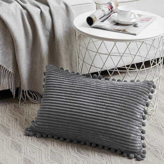 Fancy Homi 2 Pack Dark Gray Lumbar Decorative Throw Pillow Covers 12x20 Inch with Pom-poms for Couch Bedroom Sofa, Soft Corduroy Solid Rectangle Cushion Case 30x50 cm, Farmhouse Boho Home Decor