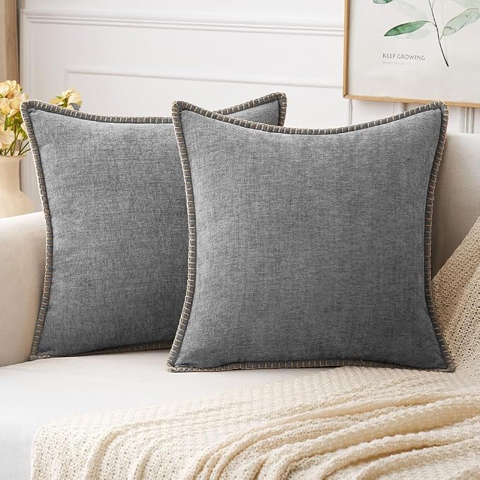 MIULEE Decorative Couch Throw Pillow Covers 18x18 Inch Dark Gray 2 Pack | Farmhouse Pillow Covers with Stitched Edge, Soft Chenille Cushion Cases, for Sofa Bed Living Room Home Decor