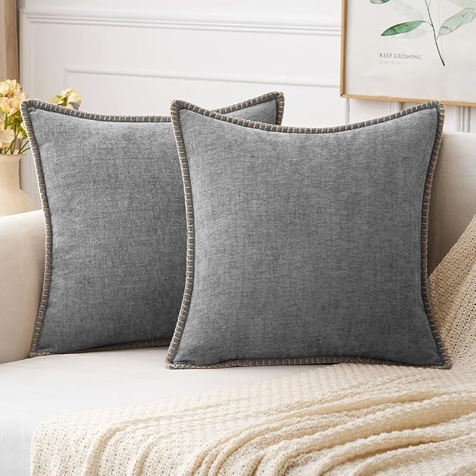 MIULEE Decorative Euro Sham Pillow Covers 24x24 Inch Dark Gray 2 Pack | Farmhouse Throw Pillow Covers with Stitched Edge, Soft Chenille Cushion Cases, for Couch Sofa Bed Living Room Home Decor