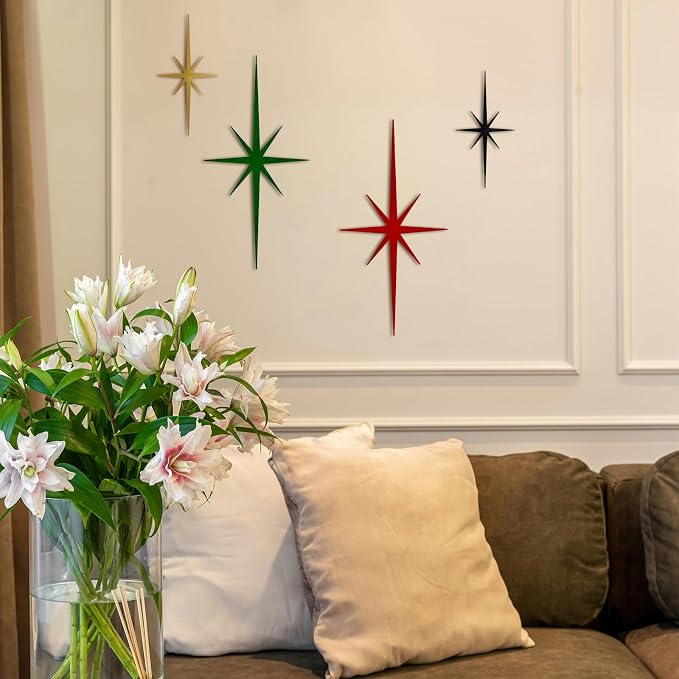 4 Pcs Star Wall Art for Home Decor Living Room Bedroom Office Metal 3D,Bling,with Hanging Hook Starburst Midcentury Sculpture Retro Gallery Accent Celestial -Gold 16.5in/9.4in