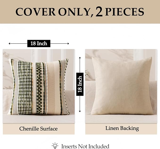 ANRODUO Boho Decorative Pillow Covers Olive Green Stripe 22x22 Pack of 2 | Euro Throw Pillow Covers, Farmhouse Cushion Case, Chenille Pillow Cases, Pillow Covers, Neutral Pillowcase for Sofa Couch Bed