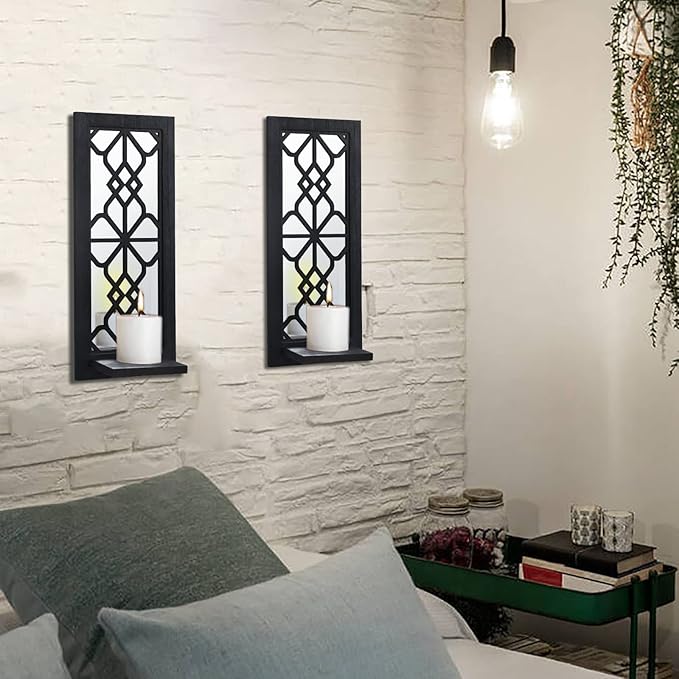 ZEXUIRU 2 Set Rustic Candle Sconces Living Room Bedroom Entryway Wood Mirrored, Farmhouse, Carved Frame Wall-Mount Wooden Candle Holders Wall Decor Hanging Handmade Holder - Black
