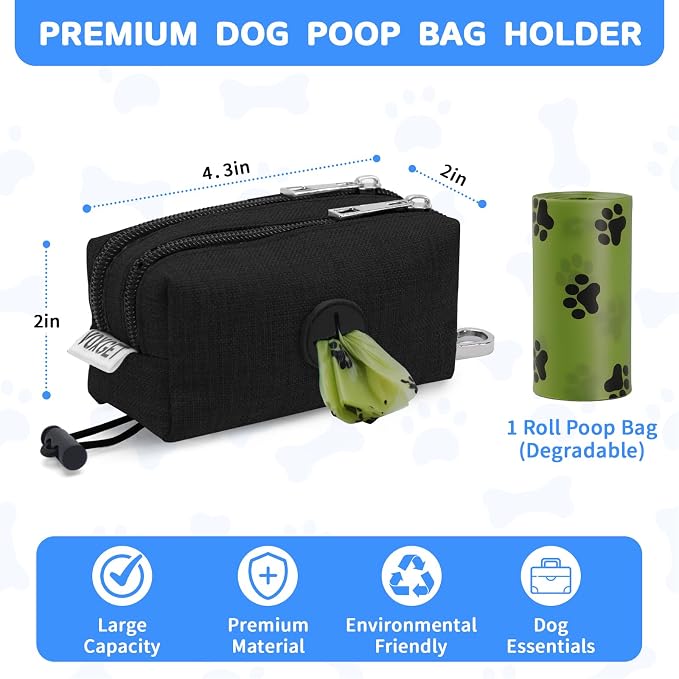 Dog Poop Bag Holder with Treat Pouch, 2 Zipper Pockets & Leash Clip