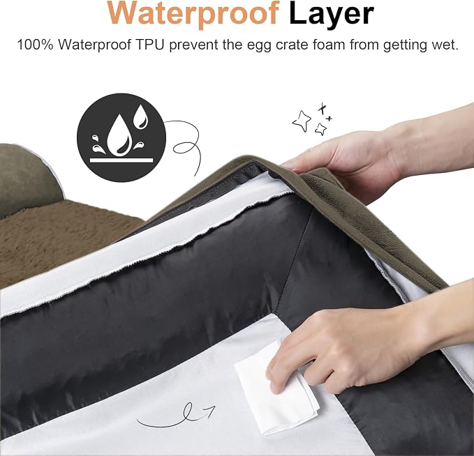 Orthopedic Dog Bed for X-Large Dogs, 40 x 32 Inch, Brown | Egg crate foam for joint support, 3-sided bolster pet sofa, waterproof lining, washable cover, and non-skid base