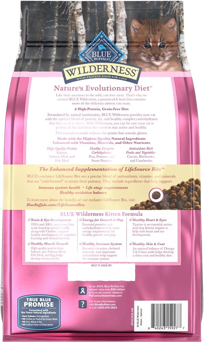Blue Buffalo Wilderness Salmon Kitten Dry Cat Food, Grain-Free, 5 lb | High Protein, Real Salmon #1 Ingredient, DHA & ARA for Brain and Eye Development, Antioxidant-Rich LifeSource Bits