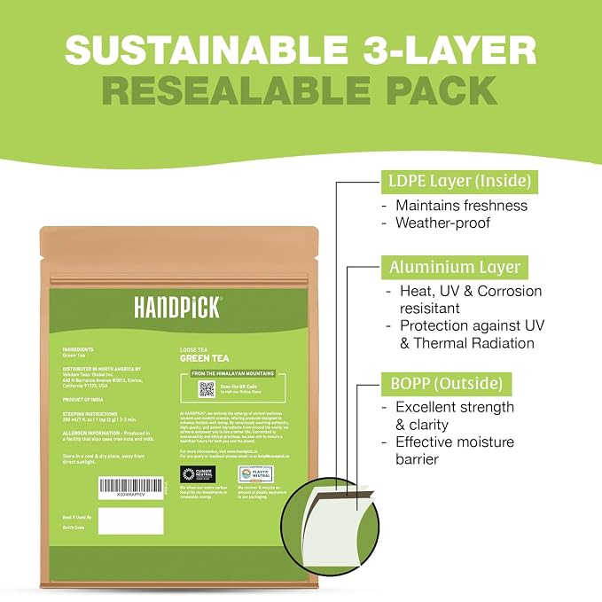 HANDPICK, Green Tea Loose Leaf (255g/9oz) 127 Cups | Non-GMO, 100% Pure Green Tea Leaves Sourced from Himalayas, India | Resealable Ziplock Pouch