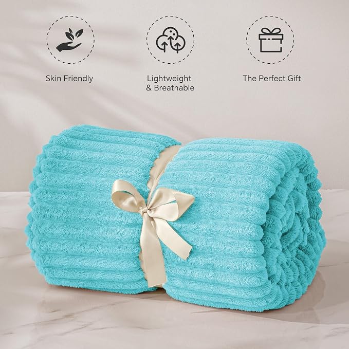 BEDELITE Ribbed Jacquard Light Blue Fleece Twin Blanket for Bed, 60x80 Inch | Soft Warm Decorative Fluffy Blanket, Cozy Plush Lightweight Fuzzy Throw Blanket for Couch Sofa Room Decor, Gift for Women