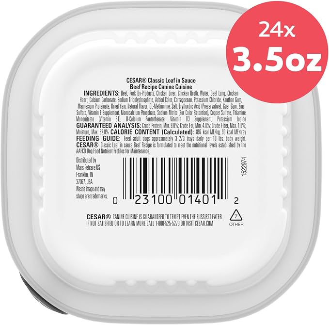 Cesar Classic Loaf in Sauce Wet Dog Food, Beef Recipe, 3.5 oz, 24 Count | Real beef #1 ingredient, Made in USA, Easy peel trays, no fillers/added sugar/artificial flavors, use as meal or topper