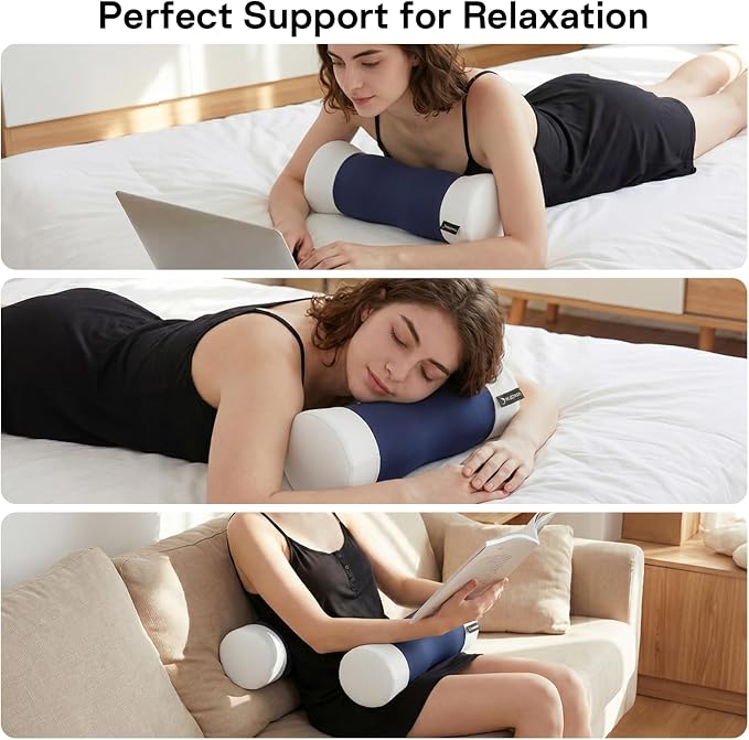 Neck Roll Pillow - Cooling Cover Round Neck Pillow for Sleeping - Memory Foam Cervical Support Pillow - Ergonomic Cylinder Pillows for Neck, Leg, Back, Yoga, Relaxing (Blue White)