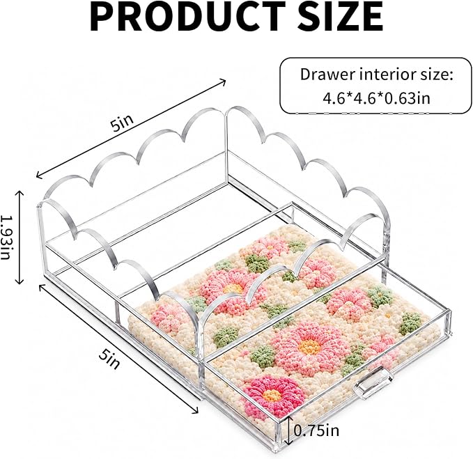 Scalloped Acrylic Tray with Drawer, Clear Acrylic Decorative Organizer Tray for Needlepoint, Jewelry, Photos, Art, Fabric, Napkins, Vanity, Desk, Coffee Table and Craft Storage
