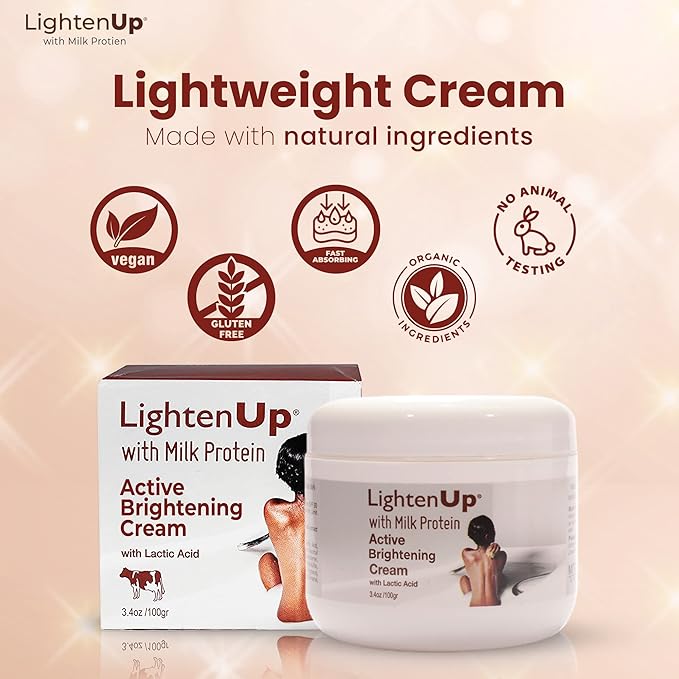 Lighten-Up, Lactic Acid Cream, 3.4 Fl oz 100ml, Skin Brightening Cream for Body, Knees, Underarms, Armpit, Intimate Parts, Face