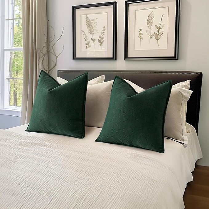MIULEE Pack of 2 Green Decorative Chenille Pillow Covers 18x18 Inch | Soft Couch Throw Pillows,Farmhouse Cushion Covers with Elegant Design for Sofa,Bedroom,Living Room,Spring Home Decor