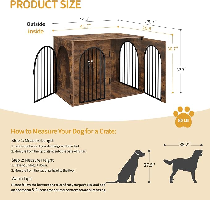 Hzuaneri 44.1'' Dog Crate Furniture,Dog Kennel Indoor for Medium/Large Dogs | Dog Kennel Furniture Wooden Dog Cage Heavy Duty Dog Crate Decorative Pet House End Side Table TV Stand,Rustic Brown DFC83901B