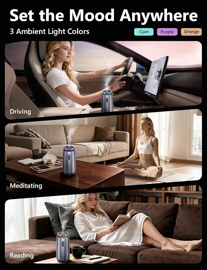 Waterless Essential Oil Diffuser with 2x10mL Oil, Battery Operated,Portable | Oil-Saving Design | Smart Memory | Aluminum | 3 Mist Levels | 3 Ambient Light Modes | Ultra Quiet | for Home Office Car