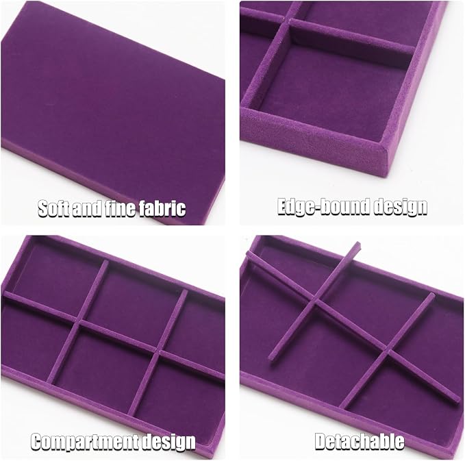 Velvet Jewelry Trays for Drawers, Purple Stackable, 6 Grids | Jewelry Drawer Organizer Inserts, Ring Earring Necklace Bracelet Holder Organizer Display Tray with Removable Dividers