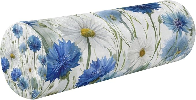 White Daisy Flowers Blue Cornflower Neck Roll Pillow Bolster Round Health Memory Foam Long Cervical Cylinder Pillows with Removable Washable Cover for Body Bed Legs Back Yoga