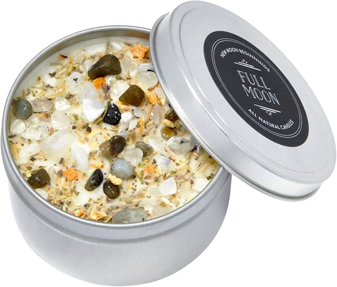 Full Moon Candle by New Moon Beginnings - Purification & Cleansing Candle - Crystal and Herb Candles - Aromatherapy Candles - soy candle, 8 Ounce Metal Tin