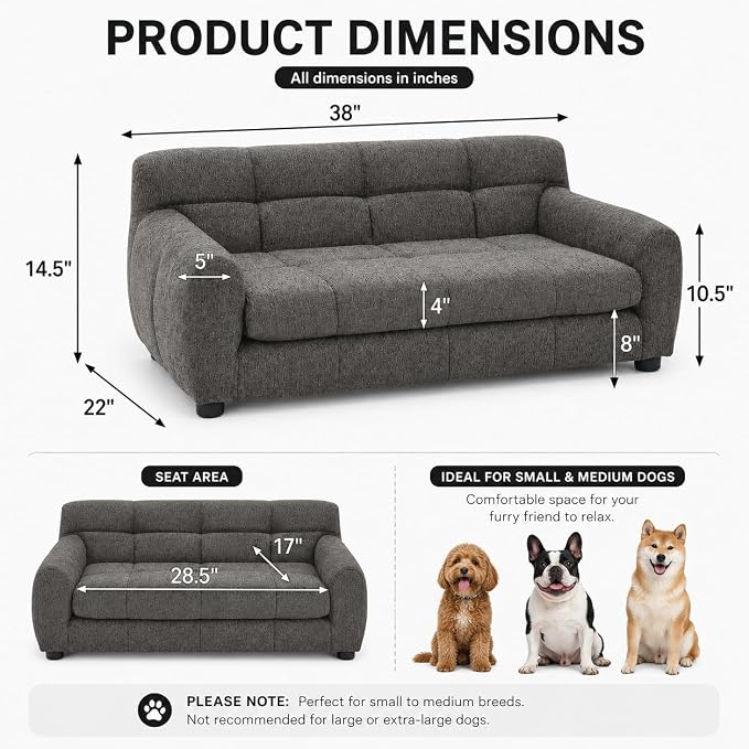 38"x22"Dog Sofa for Small & Medium Dogs | Removable Cushion Cover | Stable Low-Leg Frame | Breathable Linen Fabric | Armrest & Backrest | Easy to Clean | Dark Gray