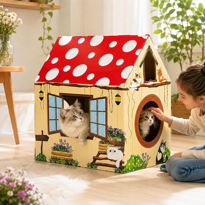 Cinrobiye Cardboard Cat House with Scratcher, Indoor Cat Condo Cat Cave Hideout with Scratch Pad, Cardboard Cat Playhouse Bed for Cats, Kittens, Rabbits & Small Pets (Mushroom)