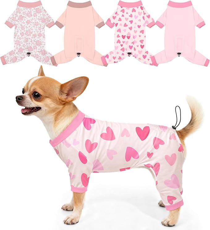 Bienbee Dog Pajamas, 4 Pack Adjustable Onesies for Small to Large Dogs S | Dog Shedding Suit with Soft Fabric, Breathable & Stretchy, and Adjustable Back Length for Sleeping Lounging and Daily Use