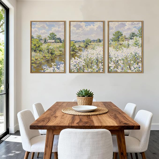 BINCUE Framed Wildflower Wall Art Rustic Floral Wall Decor Vintage Landscape Artwork for Living Room Bedroom Bathroom 16x24 Inches Set of 3
