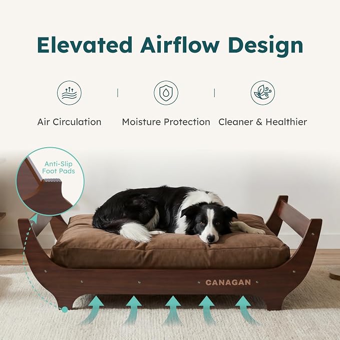 CANAGAN Elevated Wood Dog Bed Frame with Cushion, WalnutPattern, Large | Raised Dog Couch Bed with Washable Cover and Plush PP-Filled Cushion, Furniture-Style for Indoor Living