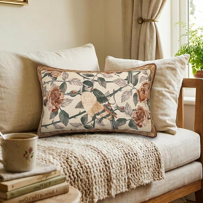 patdrea Designer Vintage Linen Throw Pillow Cover,12"x20"-ParkerEstate B | Decorative Pillow Case with Zipper,Bird and Floral Pattern,Cushion Coverfor Couch Living Room Bedroom Sofa