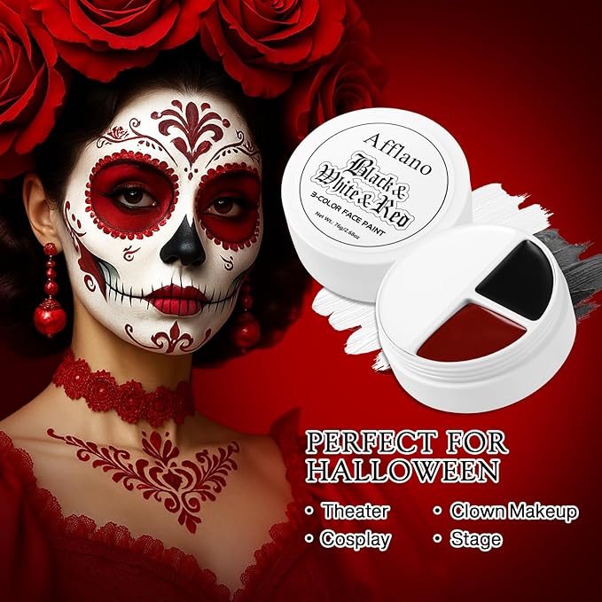 Black Red White Face & Body Paint Makeup, Professional SFX Cream Face Paint | Waterproof Halloween Joker Vampire Skull Goth Costume Bodypaint for Adults Kids | Vegan Long-Lasting Party Theater Stage