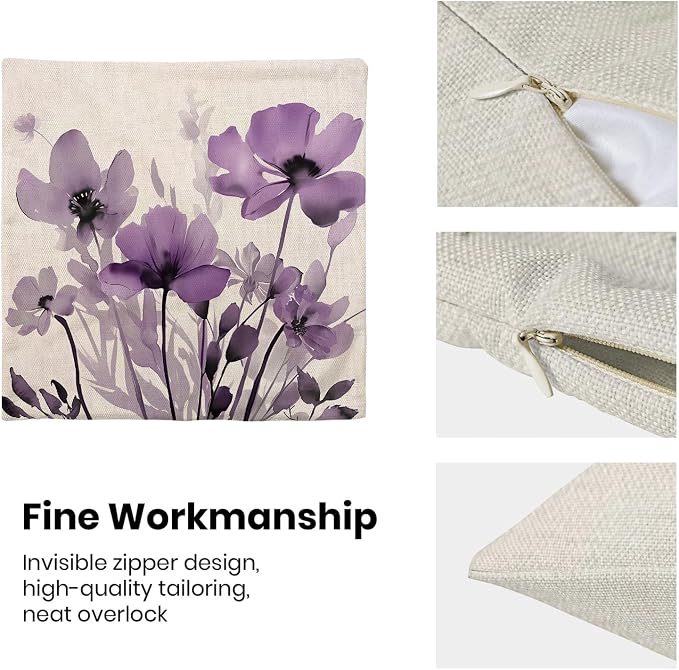 Spring Floral Pillow Covers 18x18 Inches Set of 2,Purple Floral Throw Pillow Covers Outdoor Summer Flower Decoration Pillowcase Farmhouse Decorative Square Cushion Cover Decor for Home Sofa