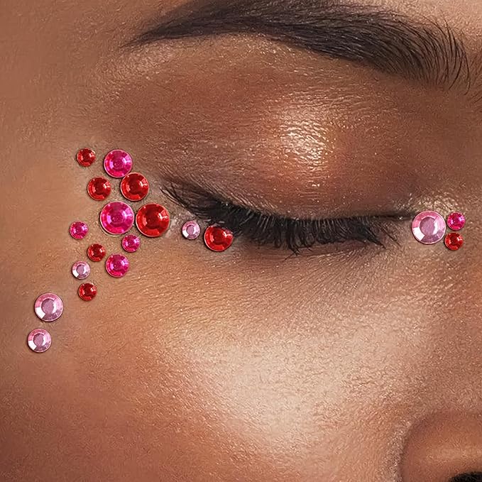 Face Gems Pearls for Makeup Rhinestone Stickers for Crafts Stick on Body Clear Crystal Tweezers Decals 3/4/5/6MM Hair Nails Craft DIY Gems for Nails Makeup Decor 975PCS (Red Pink)