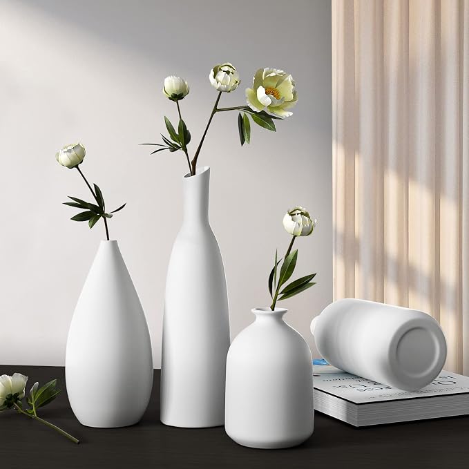 White Ceramic Vase Set of 4,Modern Farmhouse Decorative Vases for Entryway Mantel Centerpiece Bookshelf Console Table