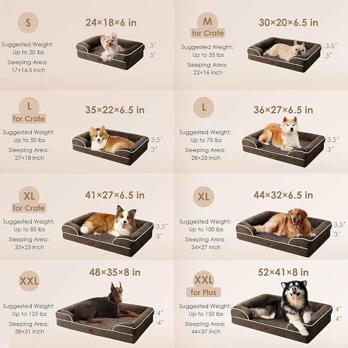 EHEYCIGA Orthopedic Dog Beds Large Sized Dog, Waterproof Washable Pet Bed | Non-Slip Bottom and Egg-Crate Memory Foam XL Dog Couch Bed with Washable Removable Cover, Brown