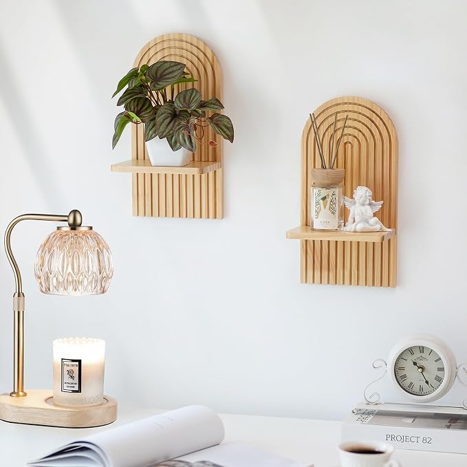 Boho Wall Decor Set of Two: Wood Wall Candle Holder | 3D Arch Design, Natural Minimalist Candle Sconces for Pillar or Plants, for Living Room, Bathroom, Nursery, Bedroom