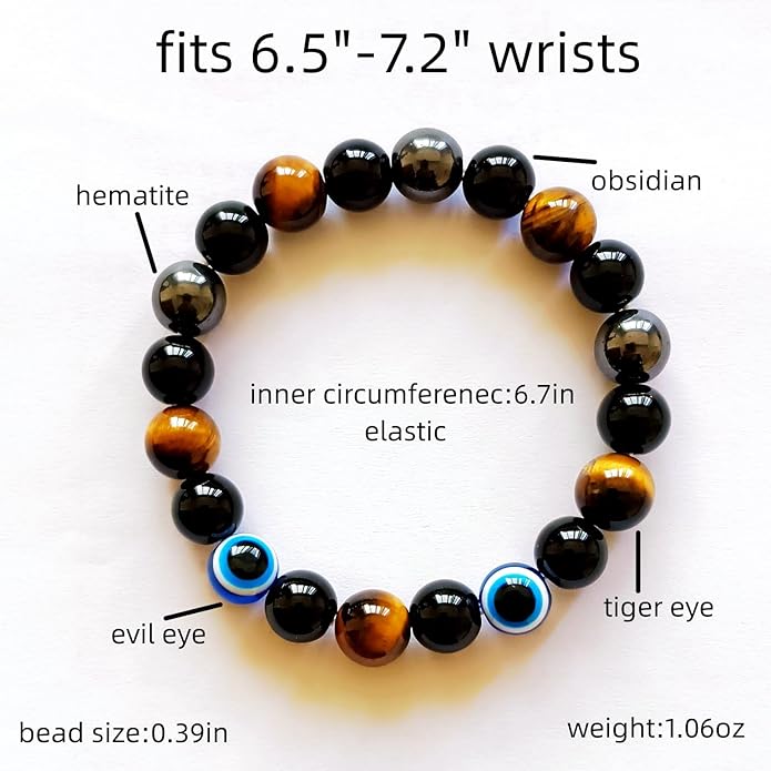 Evil Eye with Hematite Black Obsidian Tiger Eye Stone Triple Protection Bracelets for Men Women, Crystal Healing Stone Bracelet Bring Luck Prosperity and Happiness Jewelry