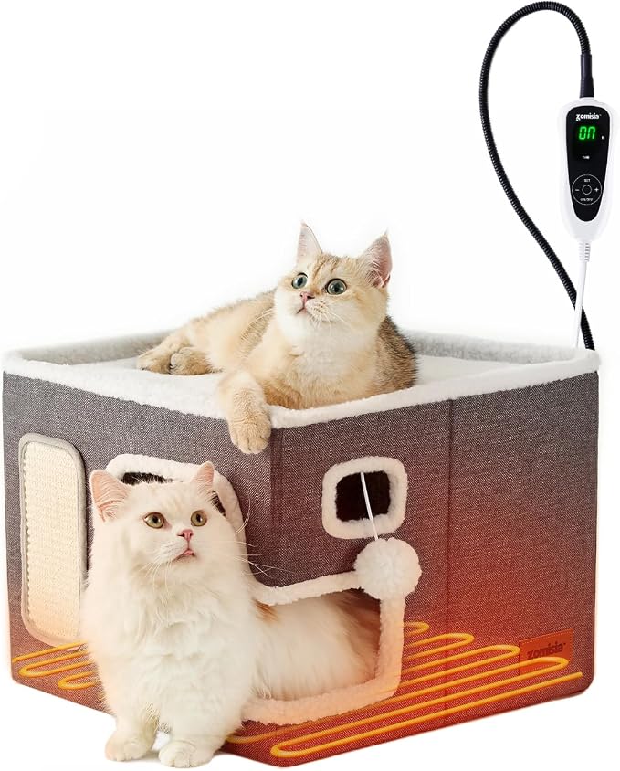 ZOMISIA Heated Cat House for Indoor Cats - Cat Warming Bed for Winter with Fluffy Ball Hanging and Adjustable Heating Pad, Foldable Cat Hideaway,16.5x16.5x13 inches, Grey