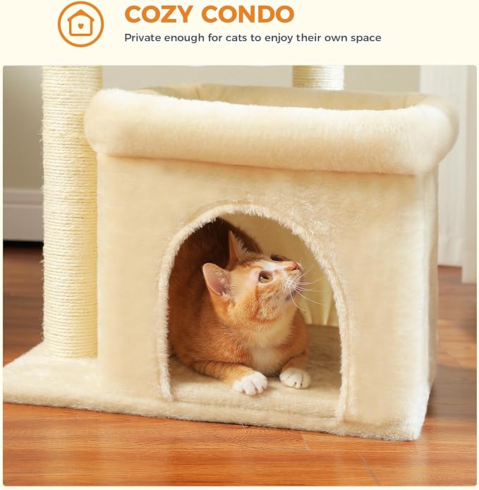 PEQULTI Cat Tree Tower for Large Indoor Cats, Extra Large Perch, Beige | Sisal wrapped scratch posts, oversized resting perch, sturdy cat tower furniture for indoor large cats