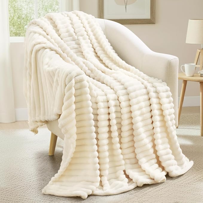 decorUhome Cream White Fleece Throw Blanket 50x60 Inches | Soft Couch Cozy Fluffy Plush Flannel Striped Blanket for Sofa Bed, Lightweight Decorative Ribbed Fuzzy Blanket for Woman