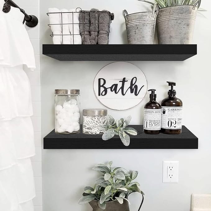 QEEIG Floating Shelves for Wall 23.6" Long - Wall Mounted Shelf Bathroom Kitchen Living Room Bedroom Farmhouse Home Decor Display Bookshelf Large 23.6 x 9.3 inch Set of 2, Black (008-60B)